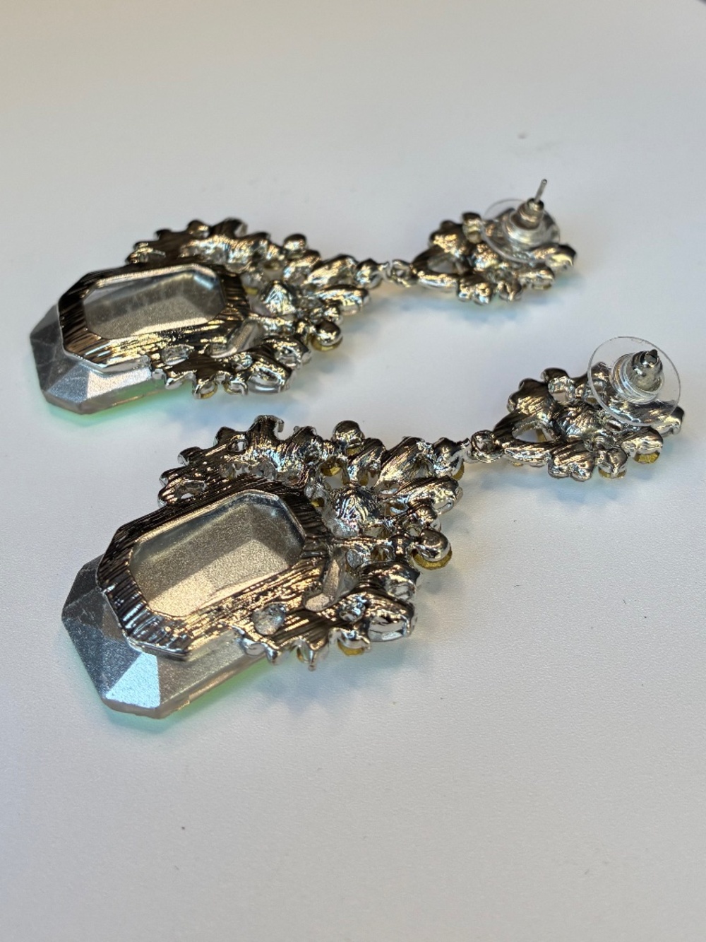 Large Rectangular Iridescent Silver-Tone Rhinestone Earrings - Picture 5 of 7